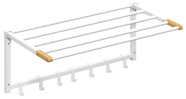 HOMCOM Portasciugamani a Parete Pieghevole con 5 Barre e 6 Ganci in Legno e Acciaio, 60x32.5x20 cm, Bianco | Aosom Italy