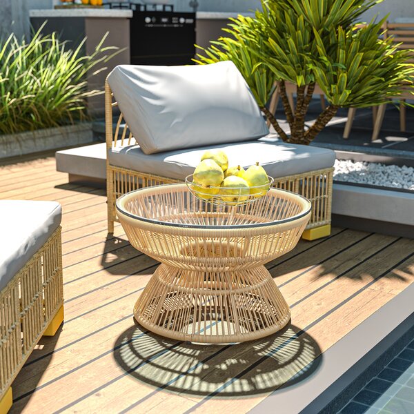 Outsunny Tavolino da giardino rotondo, tavolino d'appoggio in resina effetto rattan e piano in vetro temperato Ø60 x 37H cm