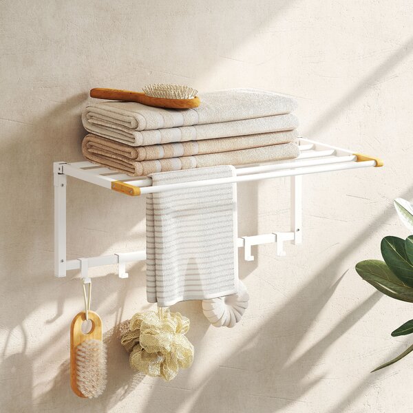HOMCOM Portasciugamani a Parete Pieghevole con 5 Barre e 6 Ganci in Legno e Acciaio, 60x32.5x20 cm, Bianco | Aosom Italy