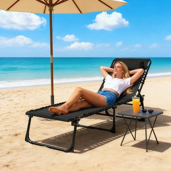 Outsunny Lettino Prendisole in Acciaio e Tessuto Traspirante con Schienale Reclinabile, 197x58x26 cm, Nero|Aosom