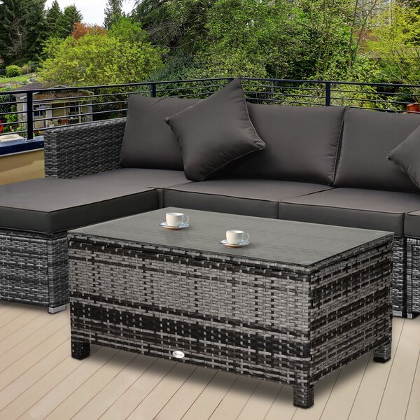 Outsunny Tavolino da Giardino con Piano in Vetro temperato 5 mm rattan intrecciato 85 x 50 x 39cm Max. 70 kg grigio