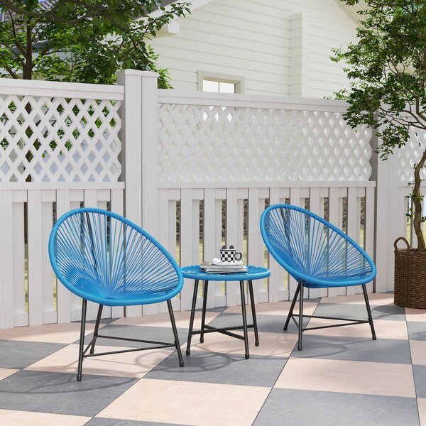 Outsunny Set da giardino esterno in resina intrecciata 2 persone, piano in vetro temperato, per balcone terrazza patio, blu