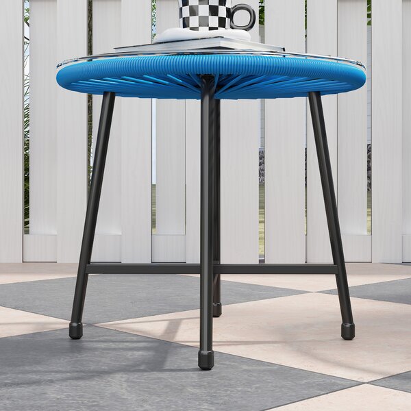 Outsunny Set da giardino esterno in resina intrecciata 2 persone, piano in vetro temperato, per balcone terrazza patio, blu