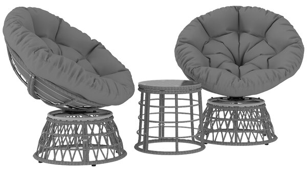 Outsunny Set da giardino 3 pezzi con 2 poltrone papasan girevoli e 1 tavolino basso rotondo in poliestere rattan PE