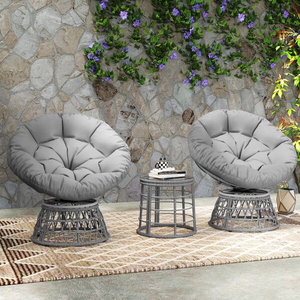 Outsunny Set da giardino 3 pezzi con 2 poltrone papasan girevoli e 1 tavolino basso rotondo in poliestere rattan PE