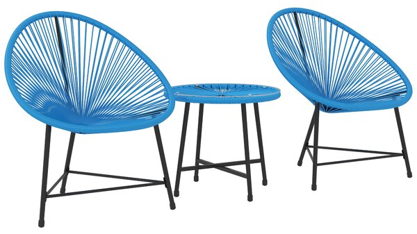 Outsunny Set da giardino esterno in resina intrecciata 2 persone, piano in vetro temperato, per balcone terrazza patio, blu