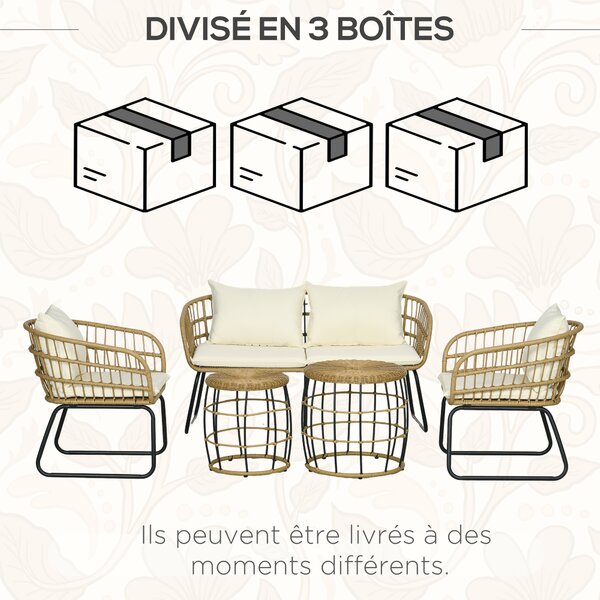 Outsunny Set salotto da giardino mobili da esterno 4 posti 2 poltrone 1 divano 2 posti e 2 tavolini cuscini inclusi
