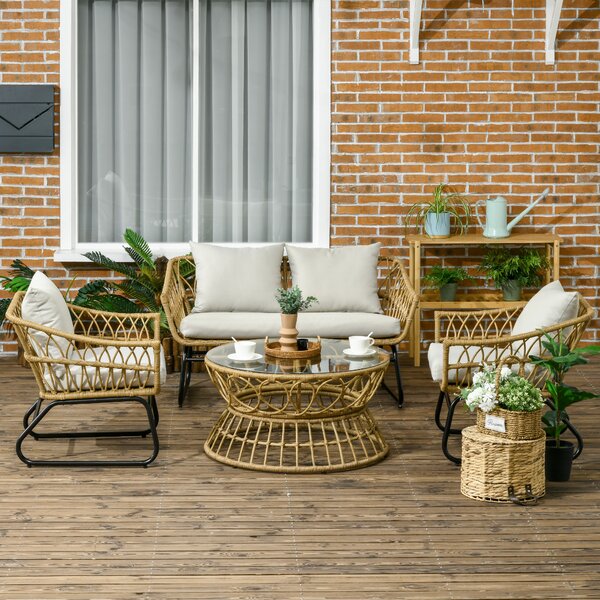Outsunny Salotto da giardino 4 pezzi in resina intrecciata divano 2 posti + 2 poltrone + 1 tavolino sabbia e crema