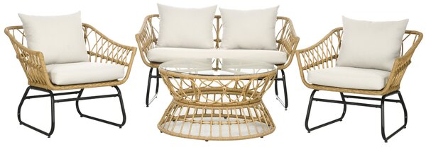 Outsunny Salotto da giardino 4 pezzi in resina intrecciata divano 2 posti + 2 poltrone + 1 tavolino sabbia e crema
