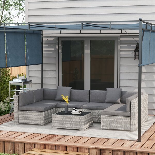 Outsunny Set salotto da giardino 7 pezzi modulari tavolino piano vetro temperato cuscini sfoderabili inclusi grigio