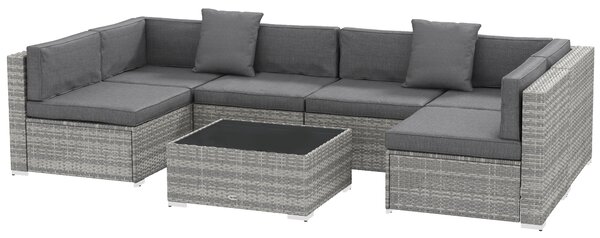 Outsunny Set salotto da giardino 7 pezzi modulari tavolino piano vetro temperato cuscini sfoderabili inclusi grigio