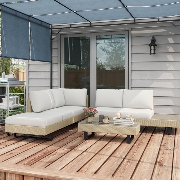Outsunny Salotto da giardino d'angolo 5 posti design contemporaneo cuscini sfoderabili tavolino acciaio verniciato a polvere resina intrecciata beige