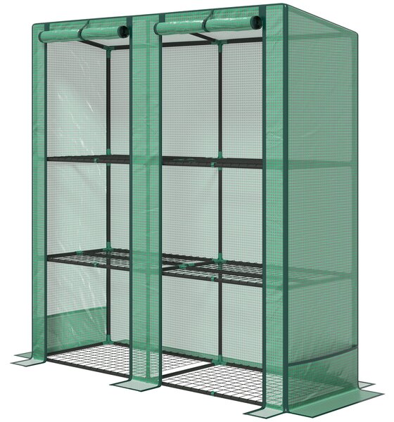 Outsunny Serra da giardino e balcone con ripiani metallici a 3 livelli, in PE e raggi UV, tetto inclinato e Telaio in acciaio,144x48x152cm, verde|Aosom Italy