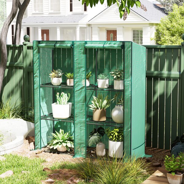 Outsunny Serra da giardino e balcone con ripiani metallici a 3 livelli, in PE e raggi UV, tetto inclinato e Telaio in acciaio,144x48x152cm, verde|Aosom Italy
