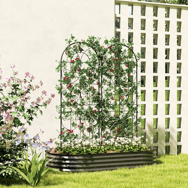 Outsunny Supporto per piante rampicanti con uccelli lotto di 2 griglie da giardino per verdure vite fiore metallo 50 x 150 cm nero