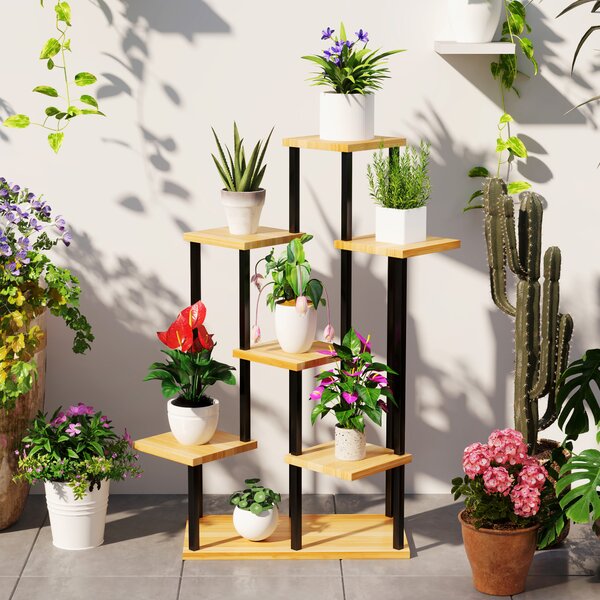 Outsunny Supporto per piante a 7 livelli per interno ed esterno, scaffale piante in acciaio e legno, legno naturale