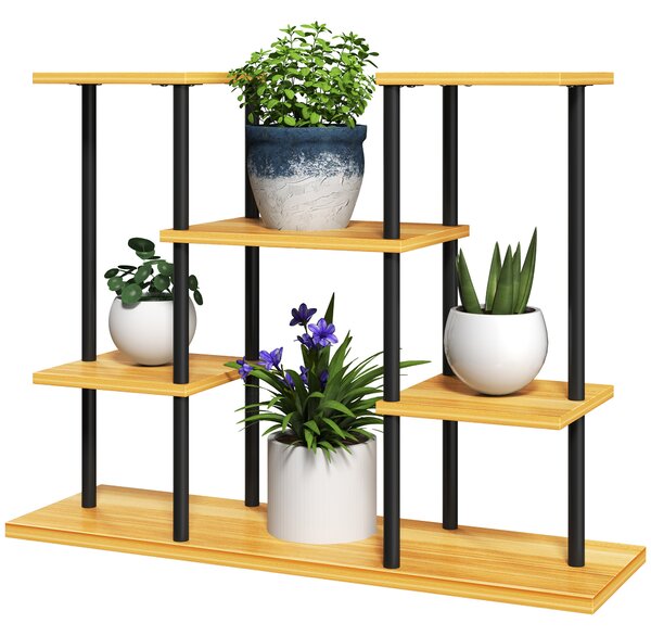 Outsunny Supporto piante interno mensola piante a 6 livelli telaio in acciaio base legno massiccio 80 x 24 x 61,5 cm legno naturale