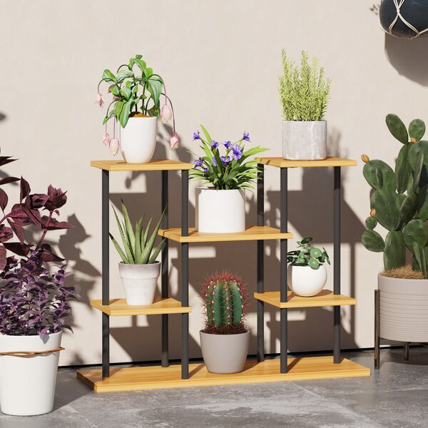 Outsunny Supporto piante interno mensola piante a 6 livelli telaio in acciaio base legno massiccio 80 x 24 x 61,5 cm legno naturale