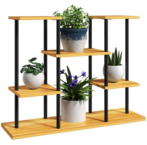 Outsunny Supporto piante interno mensola piante a 6 livelli telaio in acciaio base legno massiccio 80 x 24 x 61,5 cm legno naturale