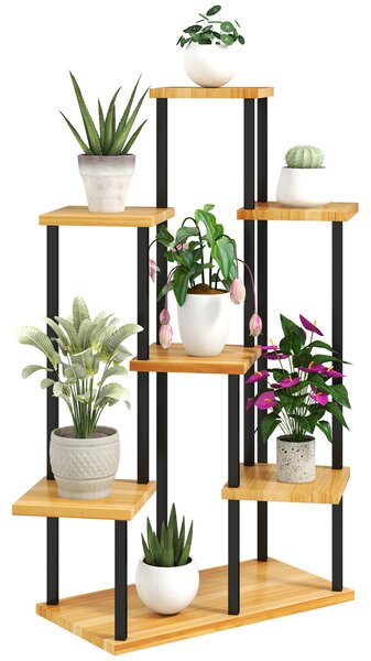 Outsunny Supporto per piante a 7 livelli per interno ed esterno, scaffale piante in acciaio e legno, legno naturale