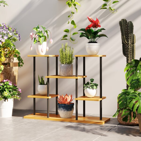 Outsunny Supporto piante interno mensola piante a 6 livelli telaio in acciaio base legno massiccio 80 x 24 x 61,5 cm legno naturale