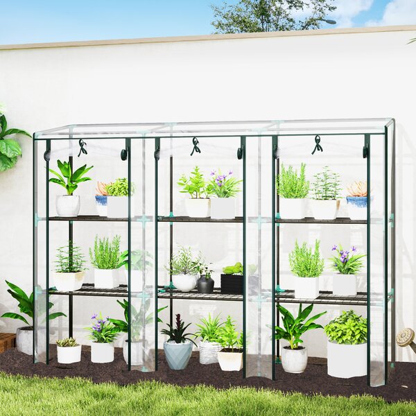 Outsunny Serra da giardino con ripiani a 3 livelli serra da balcone 3 porte avvolgibili con zip 215 x 46 x 151 cm verde