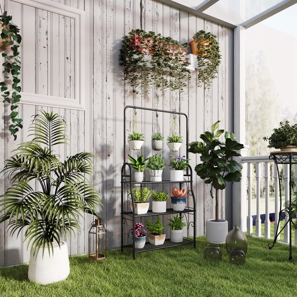 Outsunny Portapiante a 3 Livelli con Barra Appendiabiti e Ganci, Scaffale in Metallo per Fiori e Vasi, per Interno ed Esterno, Balcone, Soggiorno, Camera da Letto, Nero | Aosom Italy