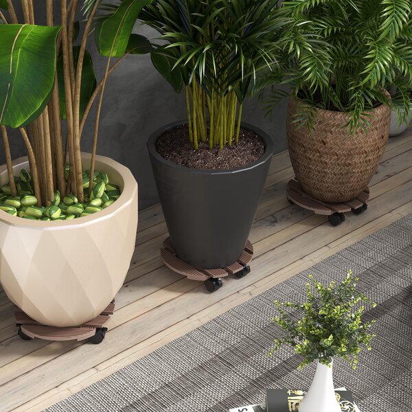 Outsunny Set di 4 supporti rotondi Ø30 cm per piante - supporto porta vasi su ruote, interno ed esterno