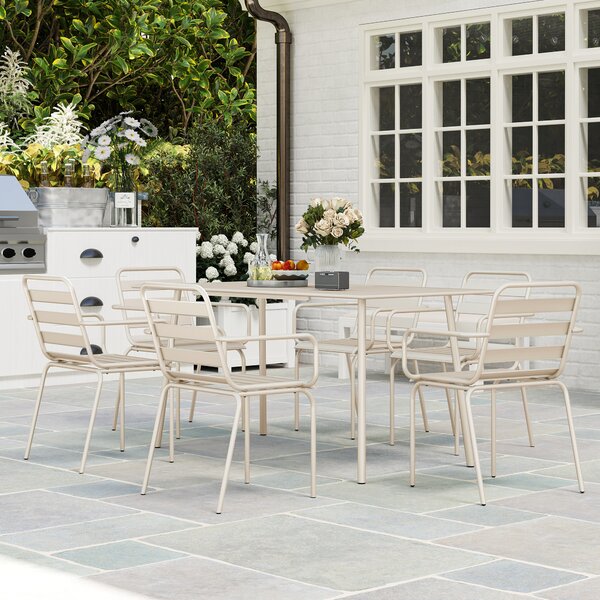 Outsunny Salon de jardin insieme da pranzo da giardino 7 pezzi con 1 tavolo e 6 sedie impilabili in acciaio beige