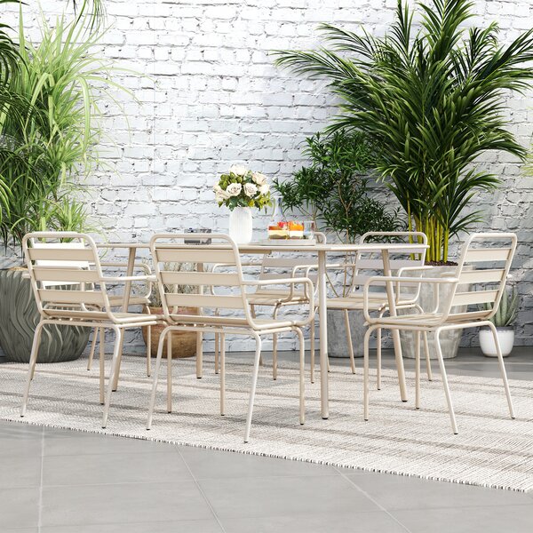 Outsunny Salon de jardin insieme da pranzo da giardino 7 pezzi con 1 tavolo e 6 sedie impilabili in acciaio beige