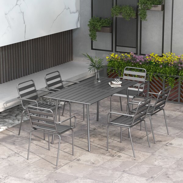 Outsunny Salon de jardin set da pranzo da giardino 7 pezzi con 1 tavolo e 6 sedie impilabili in acciaio grigio