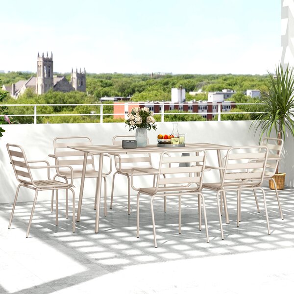 Outsunny Salon de jardin insieme da pranzo da giardino 7 pezzi con 1 tavolo e 6 sedie impilabili in acciaio beige