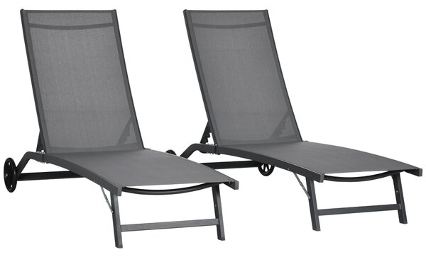 Outsunny Set di 2 Lettini Prendisole da Giardino con Ruote e Schienale Regolabile su 5 Livelli, Sdraio da Giardino in Alluminio e Texteline, per Spiaggia, Piscina, 66x165x102cm, Grigio Scuro | Aosom Italy
