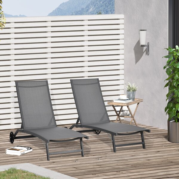 Outsunny Set di 2 Lettini Prendisole da Giardino con Ruote e Schienale Regolabile su 5 Livelli, Sdraio da Giardino in Alluminio e Texteline, per Spiaggia, Piscina, 66x165x102cm, Grigio Scuro | Aosom Italy