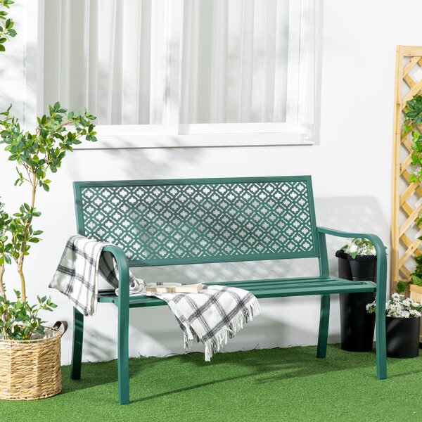 Outsunny Panca da giardino panca esterna giardino in acciaio con schienale a motivo floreale per 2 persone 127 x 63 x 83 cm verde scuro