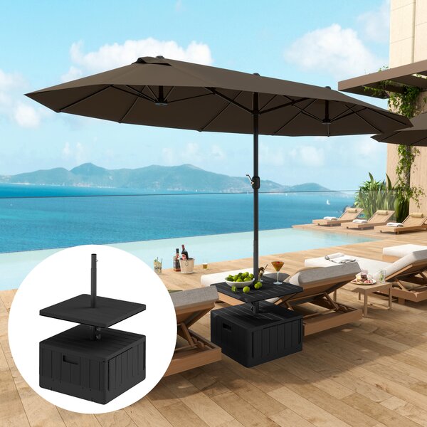 Outsunny Base per ombrellone quadrata con piano tavolo, supporto ombrellone in HDPE con ruote, riempimento acqua sabbia 53 x 53 x 45 cm nero