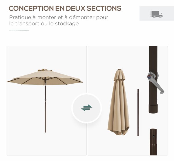 Outsunny Ombrellone da giardino Ø 2,63 m in metallo Rotondo Poliestere 180g/m² manovella inclinabile beige