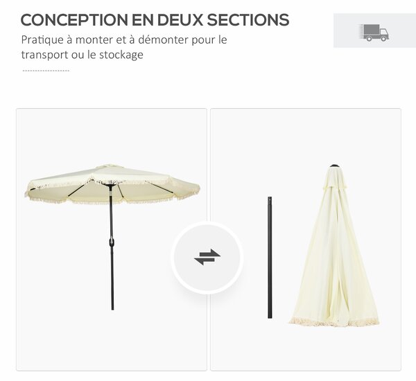 Outsunny Parasol inclinabile rotondo Ø 268 cm con frange tessuto poliestere ad alta densità 180 g/m² protezione solare crema