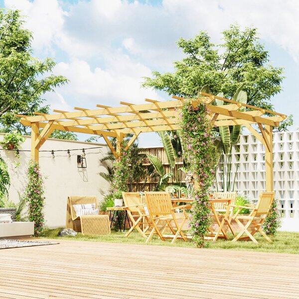Outsunny Pergola da giardino esterno in legno con colonne, tiranti diagonali e travi per piante rampicanti, 3 x 4 m, legno naturale | Aosom Italy