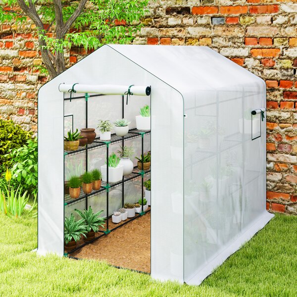 Outsunny Serra da giardino 3 m² con ripiani 3 livelli, PE rinforzata 135 g/m² anti-UV, porta avvolgibile e finestre in rete