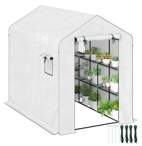 Outsunny Serra da giardino 3 m² con ripiani 3 livelli, PE rinforzata 135 g/m² anti-UV, porta avvolgibile e finestre in rete