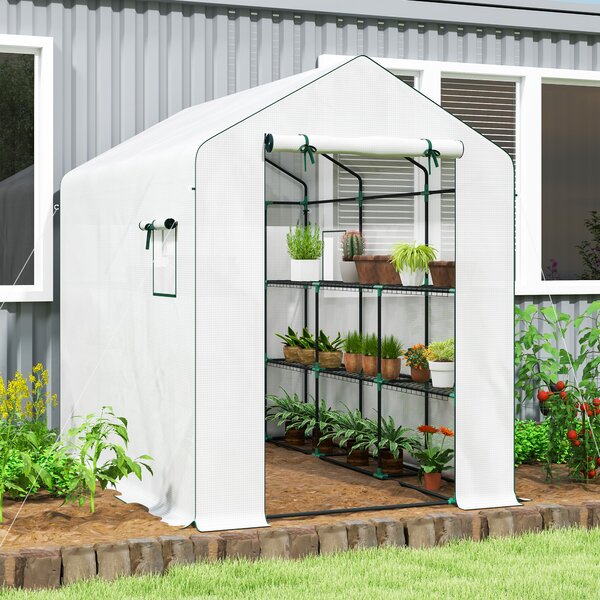 Outsunny Serra da giardino 3 m² con ripiani 3 livelli, PE rinforzata 135 g/m² anti-UV, porta avvolgibile e finestre in rete