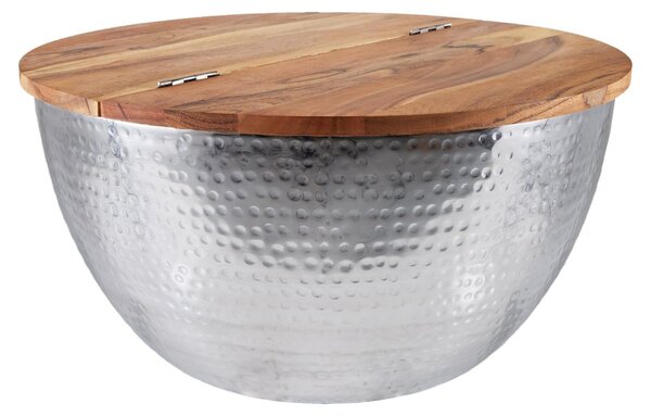 Riess-ambiente Tavolino rotondo ORIENT STORAGE 60cm in legno d'acacia argentato con contenitore Tavolino Hammerschlag Tavolo