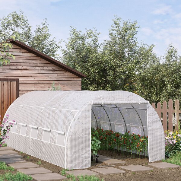 Outsunny Serra da giardino 18 m² dim. 6L x 3l x 2H m con porta + pareti laterali zippate avvolgibili, 12 finestre, acciaio PE ad alta densità 140 g/m² Anti-UV bianco