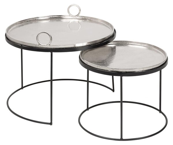 Riess-ambiente Set da 2 tavolini da salotto rotondi ELEMENTS 65 cm in metallo argento e nero con vassoio