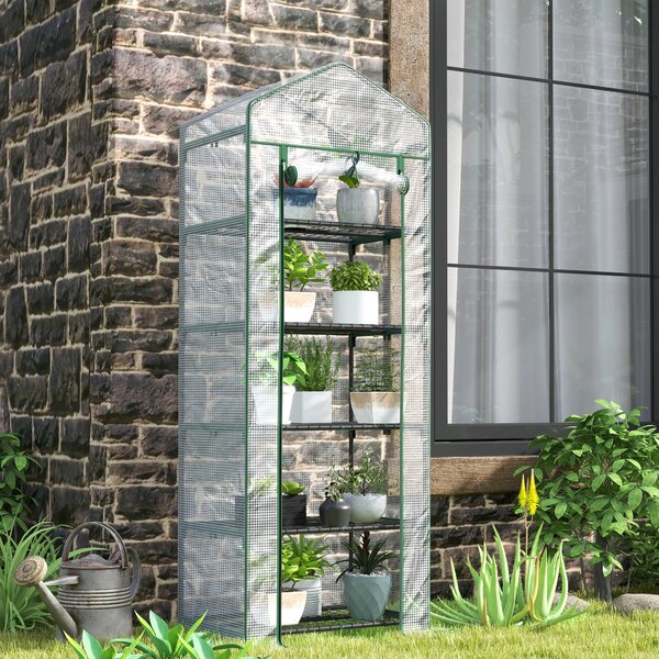 Outsunny Serra da giardino balcone con 5 ripiani 0,69 x 0,49 x 1,93 m in acciaio con copertura rimovibile in PE bianco