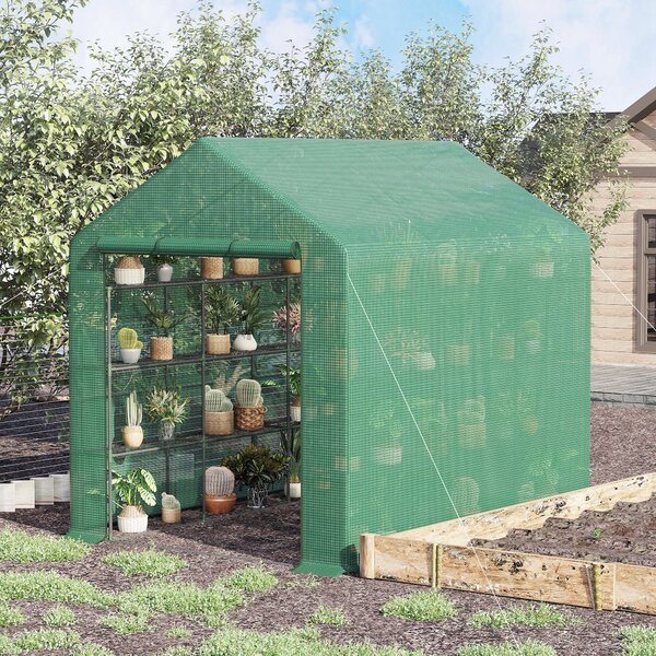 Outsunny Serra da giardino serra d'inverno con ripiani a 3 livelli porta avvolgibile tubo in acciaio 244 x 180 x 210 cm verde
