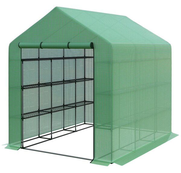 Outsunny Serra da giardino serra d'inverno con ripiani a 3 livelli porta avvolgibile tubo in acciaio 244 x 180 x 210 cm verde