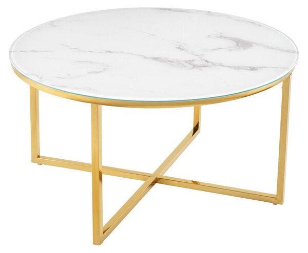 Elegante tavolino da salotto BOUTIQUE, 80 cm, bianco, rotondo, in vetro cristallo con decorazioni in marmo e struttura dorata
