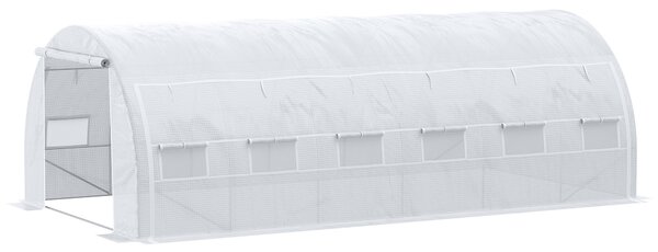 Outsunny Serra da giardino 18 m² dim. 6L x 3l x 2H m con porta + pareti laterali zippate avvolgibili, 12 finestre, acciaio PE ad alta densità 140 g/m² Anti-UV bianco